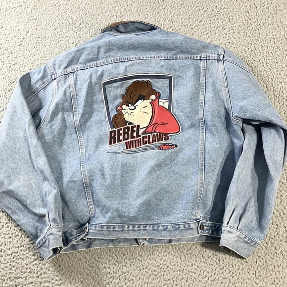 Vintage Looney Tunes Taz Jacket Mens Medium Blue Denim Warner Bros 90s - Picture 6 of 7